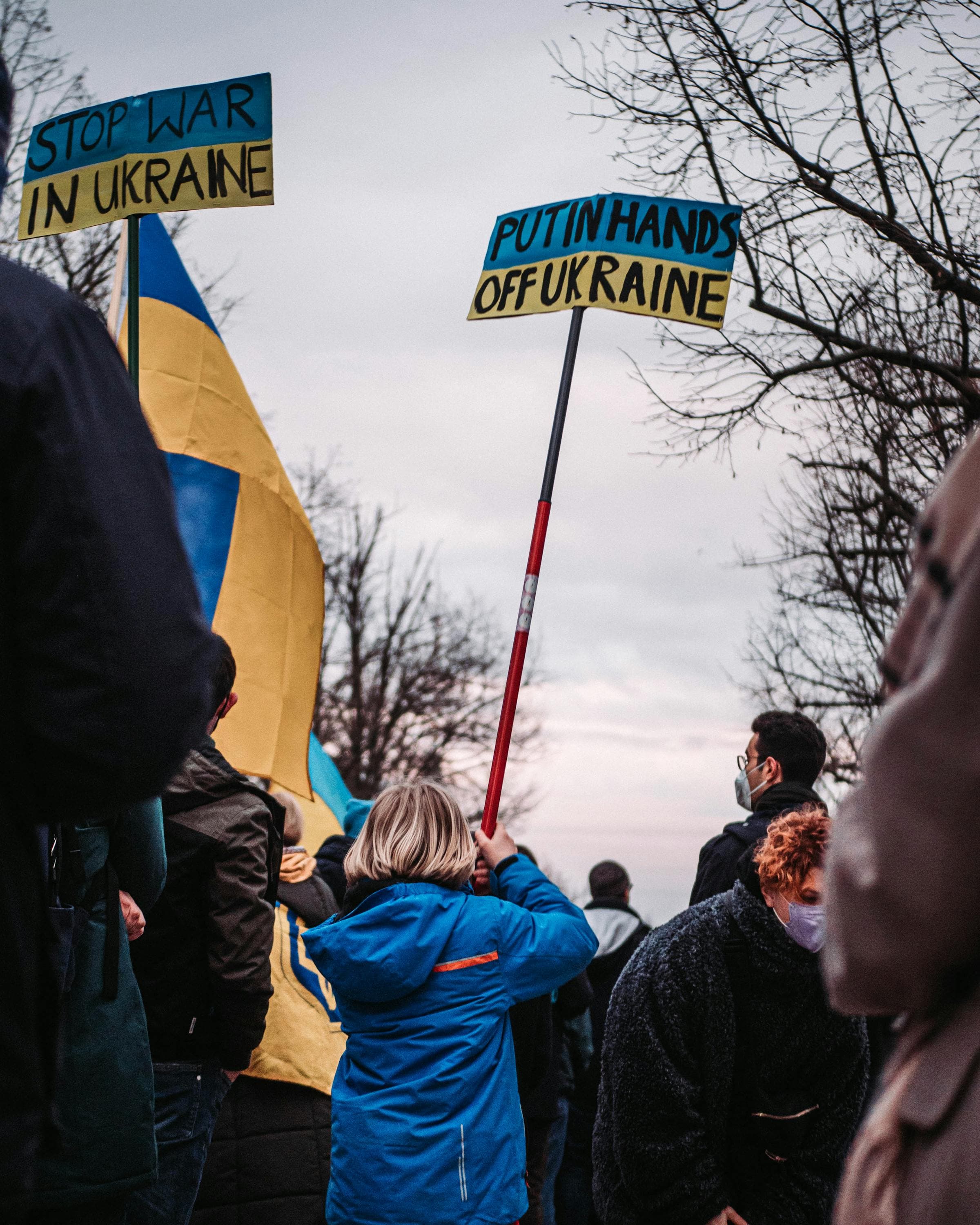 Child at rally holding sign reading Putin Hands Off Ukraine